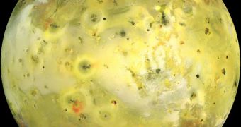 This is a true-color mosaic image of Jupiter's innermost large moon, Io