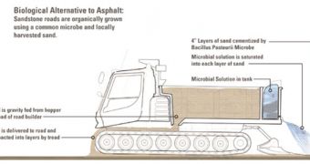 Asphalt can be replaced by a mixture of sand and microbes, which produces a tough road pavement material
