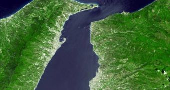 The Messina strait, between Sicily and Italy, can be seen in this satellite photo