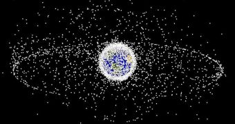 Exaggerated rendering of the space debris cloud around Earth