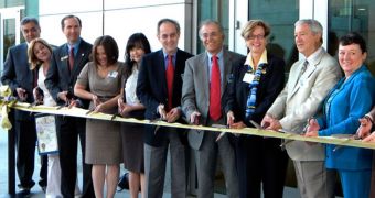 JPL Director Charles Elachi and other dignitaries cut the ribbon for JPL's new, environmentally friendly Flight Projects Center, which is NASA's "greenest" building to date