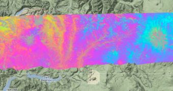 This UAVSAR interferogram shows active volcano Mount St. Helens (left) and dormant volcano Mount Adams, both in Washington state