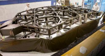 This is the center section of the JWST flight backplane, or Primary Mirror Backplane Support Structure, at ATK’s manufacturing facility in Magna, Utah