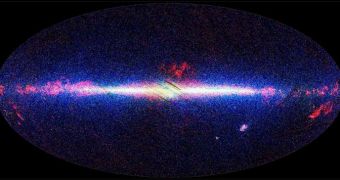 The Akari all-sky image is arranged with the Galactic Center in the middle, and the plane of the Galaxy running horizontally across the map