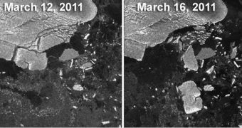 Before (left) and after (right) photos of the Sulzberger Ice Shelf illustrate the calving event associated with the March 11, 2011, Japan earthquake