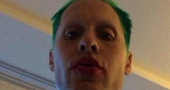 Jared Leto in makeup and green hair for The Joker in “Suicide Squad”