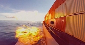 Video shows shipping container getting hit by a missile