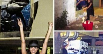 Jessica Alba posing for pictures after plastering shark posters in Oklahoma City