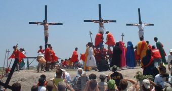 Devout Christian followers reenact the crucifixion as a sign of faith