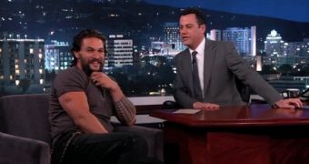 Jason Momoa avoids talking about his casting as Aquaman on Jimmy Kimmel