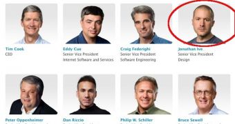 Next to all those smiling executives, Jony looks like he wants to take an axe to something