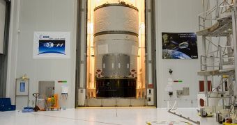 Image of the Jules Verne ATV in a special containing unit on February 14 waiting to be assembled on top of the Ariane 5 rocket