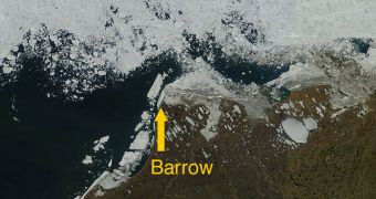 This MODIS image from June 28 shows ice in the Beaufort Sea region off the coast of Barrow, breaking up into smaller floes and open water