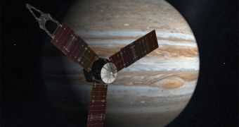 This is a rendition of Juno orbiting Jupiter
