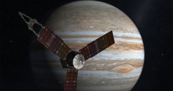 This rendition shows how the Juno spacecraft will look like in Jovian orbit