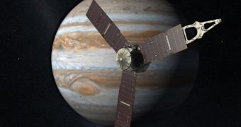 This image shows the Juno spacecraft in orbit around Jupiter