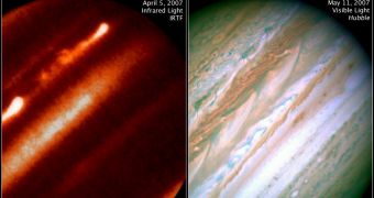 Composite image showing Jupiter in the visible and infrared spectrum