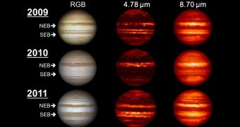 Jupiter in visible light (RGB) and infrared at 4.78 and 8.7 microns. Images to the right peek deeper into the Jovian atmosphere. Click for the full image