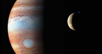 An infrared composite view of Jupiter and its moon Io. The prominent bluish-white oval is the Great Red Spot