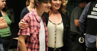 Marg Helgenberger and Justin Bieber on the set of “CSI,” where he had a recurring role