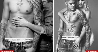 Justin Bieber's abs for Calvin Klein, before and after Photoshop