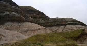 A photo of geological rock layers, showing the K-T boundary