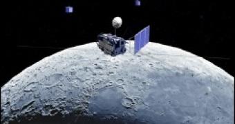 Artistic impression of the Kaguya lunar probe in the orbit of the Moon
