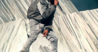 Kanye West wearing one of his trademark bejeweled face masks in live show on the Yeezus Tour