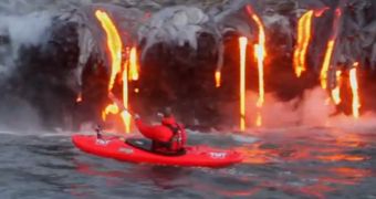 Kayakers venture on lava-filled waterway