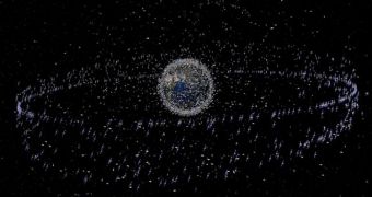 An exaggerated view of the space junk cloud surrounding our planet