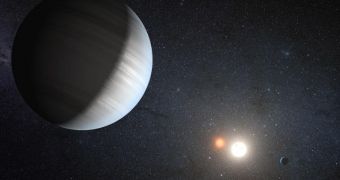This artist's concept illustrates Kepler-47, the first transiting circumbinary system