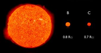 Relative sizes of HD181068 - showing the red giant and its two red dwarf components