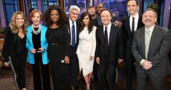 Jay Leno is seen off the Tonight Show by a host of celebrities
