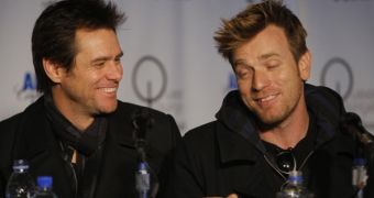 Ewan McGregor and Jim Carrey at a press conference at Sundance, speaking of “I Love You Phillip Morris”