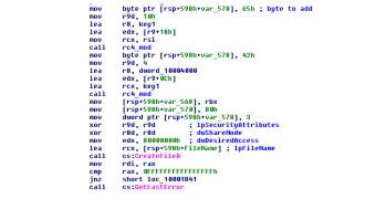 Code showing 64-bit loader decrypting the key for the modified RC4 algorithm