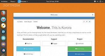 The Welcome screen of Korora 21 GNOME Edition