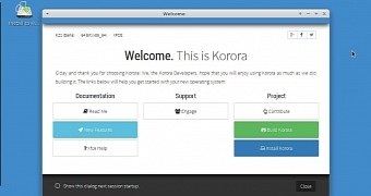 The Welcome screen of Korora 21 Xfce Edition