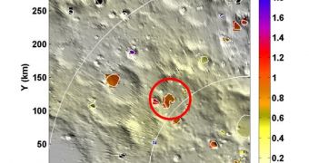 A map showing the south polar region of the Moon and the target-crater Cabeus. The colored pixels represent permanently shaded regions and their equivalent water concentrations