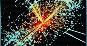 Computer simulation showing a collision event in one of the particle detectors at the LHC