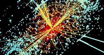 A depiction of particle collisions and decay paths inside the LHC