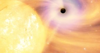 Artistic impression of a black hole accreting matter from a star in its vicinity