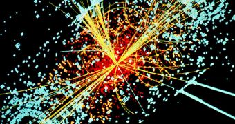 This rendition shows a particle collision that could lead to the discovery of the Higgs boson