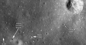 The recent map of the Apollo 14 landing site, beamed back by the LRO. Small white arrows indicate the astronauts' path