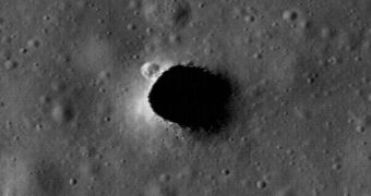 This LRO image shows the opening to an underground lava tube on the surface of the Moon