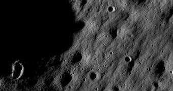 This image shows cratered regions near the moon's Mare Nubium region, as photographed by the Lunar Reconnaissance Orbiter's LROC instrument