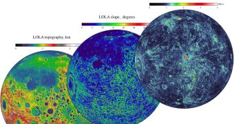 Three complementary views of the near side of the Moon: the topography (left) along with new maps of the surface slope values (middle) and the roughness of the topography (right)