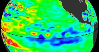 The latest image of sea surface heights in the Pacific Ocean from NASA's Jason-2 satellite shows that the current La Niña is peaking in intensity