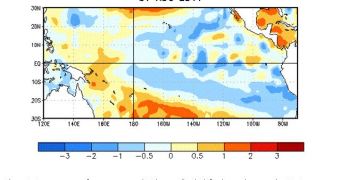 Average sea surface temperature (SST) anomalies (degree C) for the week centered on Aug. 31, 2011, indicate the re-emergence of La Niña in the tropical Pacific Ocean