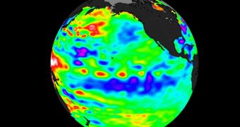 This map shows temperature variations in the Pacific Ocean, caused by La Nina