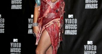 Lady Gaga wearing the meat dress – and meat hat – at the Video Music Awards 2010